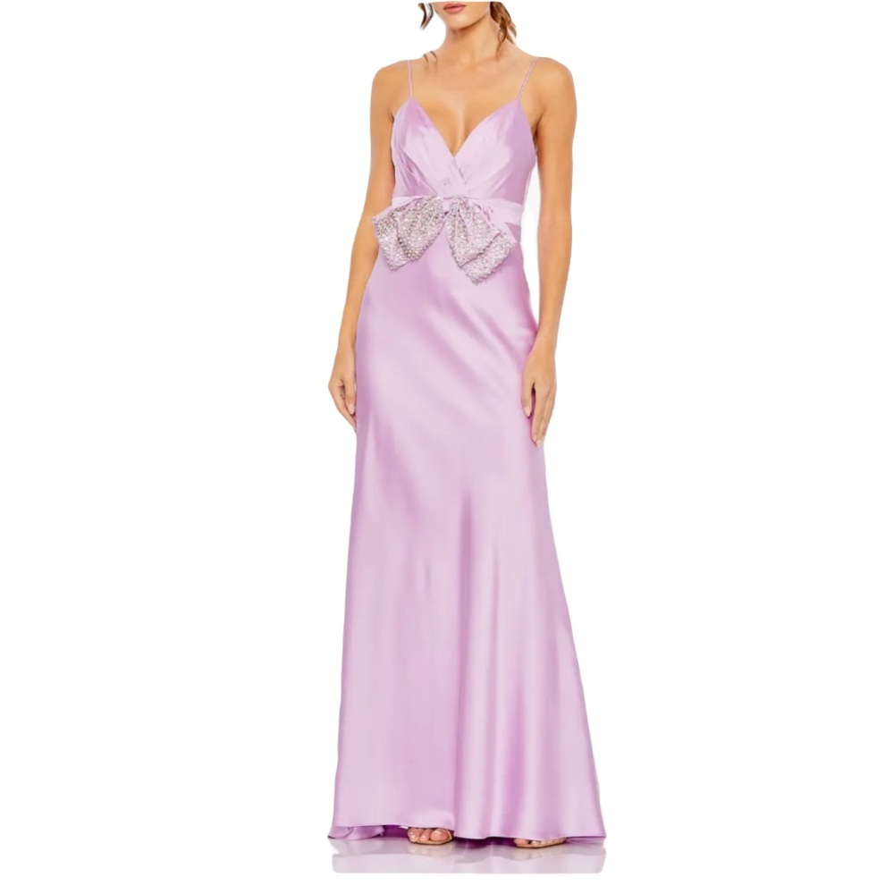 Mac Duggal sz 14 Light Pastel Lavender Satin Crystal gem bow Evening Dress gown
